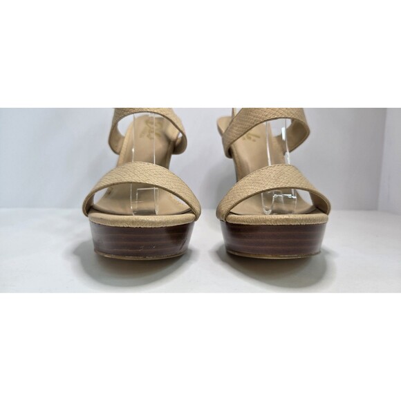 Diba London Biege Faux Leather Strappy High 4" Heel Wood Platform Sz 7.5 Sexy - Picture 4 of 7